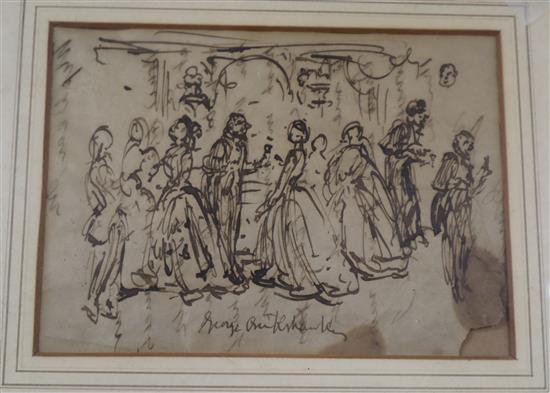 George Cruikshank, pen and ink, Figures in a drawing room, signed, 12.5 x 17cm